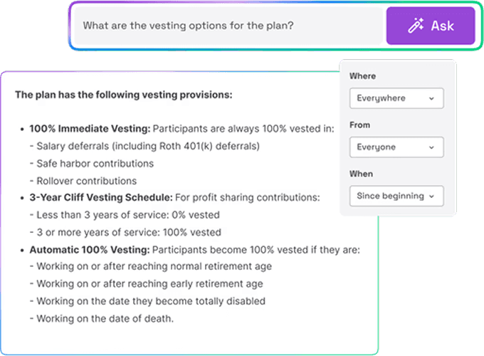 Knowa Q product example answering a question about plan vesting.
