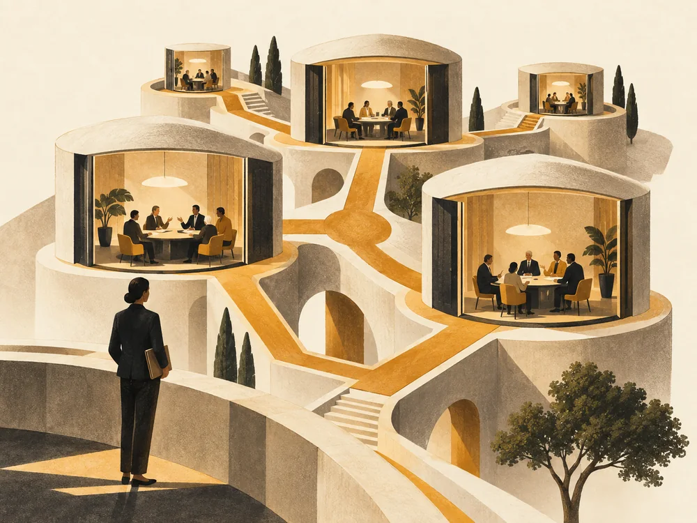 Distinct committee rooms are connected by a clear route through a shared structure.