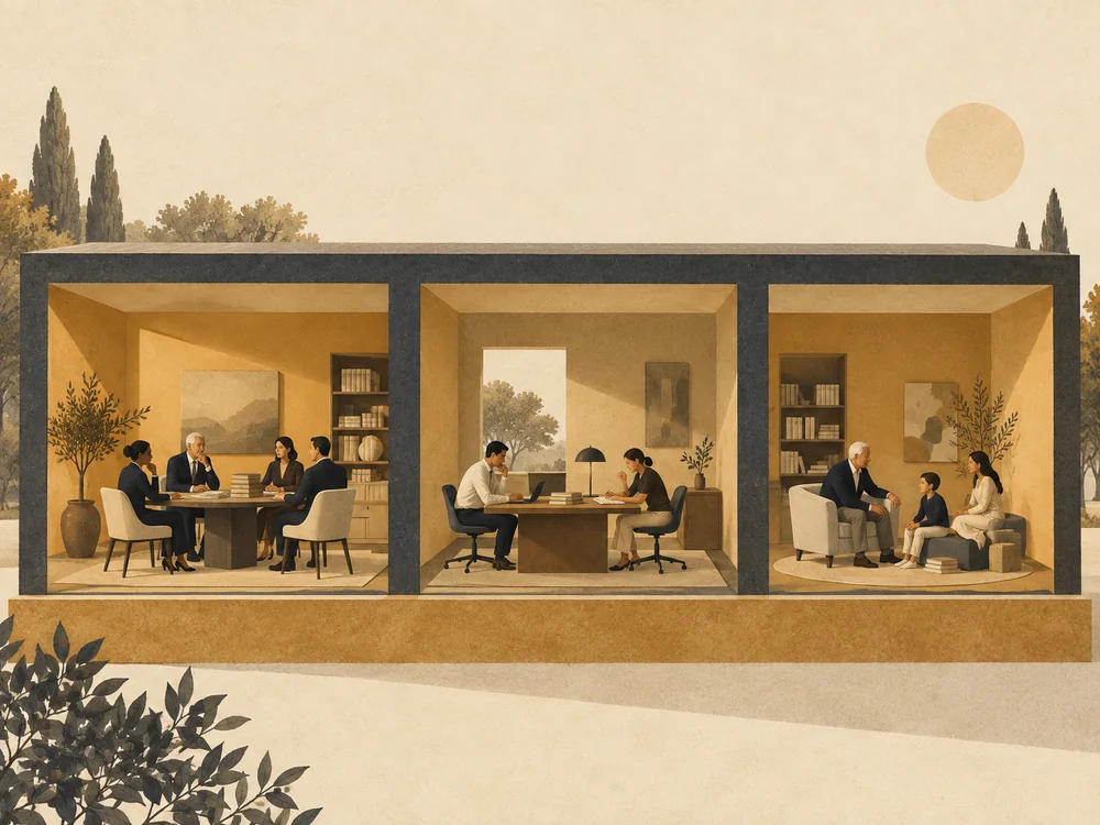 Board, executive and family occupy three separate rooms on one shared foundation.