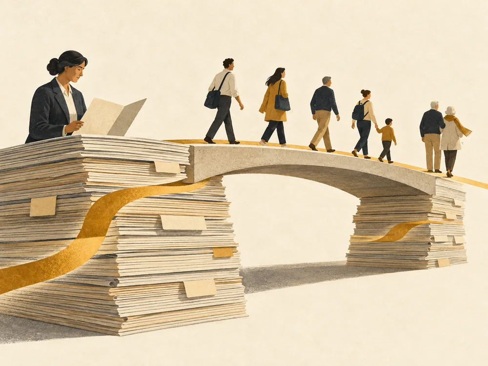 A bridge supported by layers of records connects working life with retirement.
