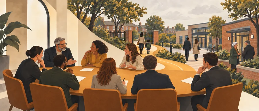 Eight people around a board table that flows into a path connecting a school, a workplace and neighbours outside a community centre.