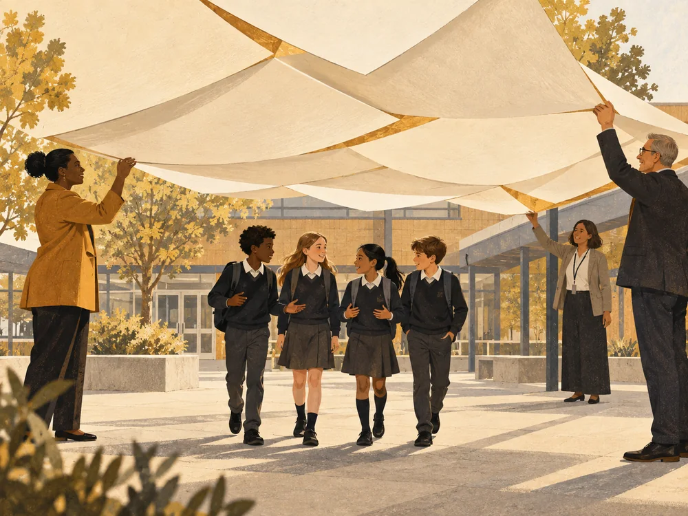 Governors hold a canopy of connected papers above pupils in a school courtyard.