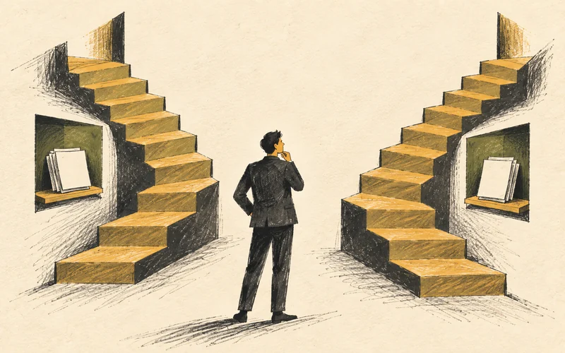 A person examines the evidence before choosing between two architectural paths.