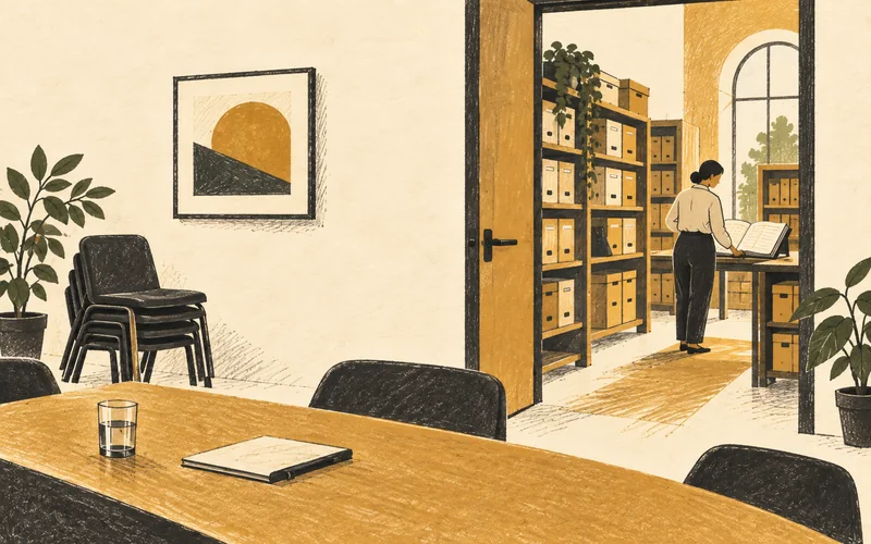 An empty meeting room opens onto an active archive where a reader can still consult the records.