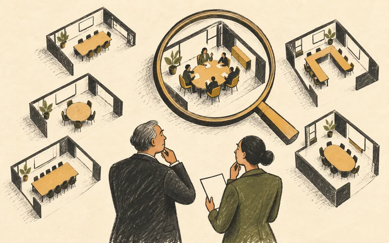 Trustees examine different model meeting rooms through a magnifying lens.