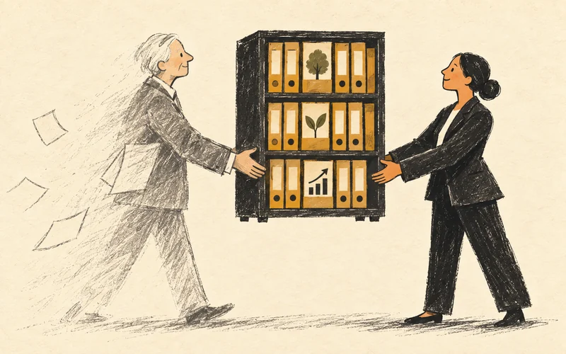 An incoming trustee receives the retained record as a predecessor's silhouette fades.