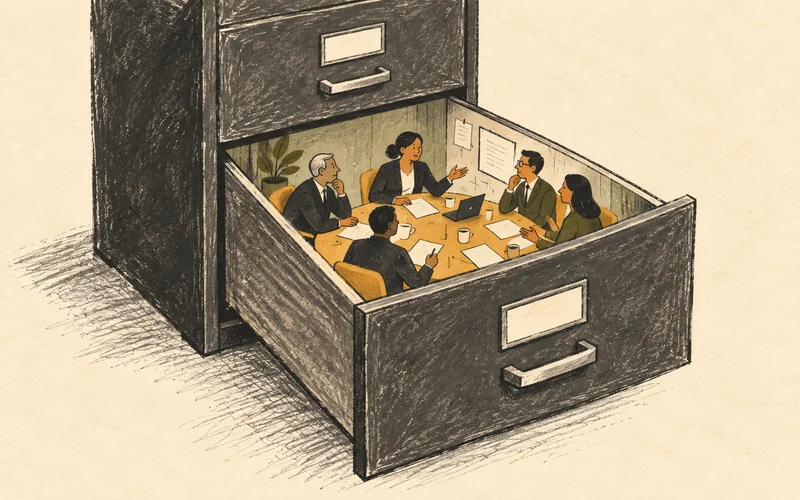 A filing cabinet opens into a working boardroom with people, records and actions.