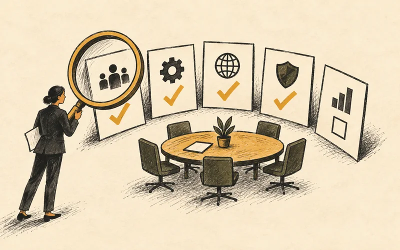 Five board-software feature cards are reviewed, with four highlighted by ochre check marks.