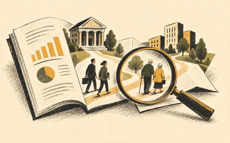 A research folio opens onto pension institutions and the people they serve.
