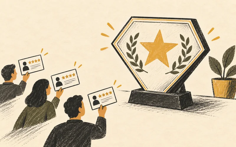 A faceted award plaque is supported by user-review slips and an ochre star.