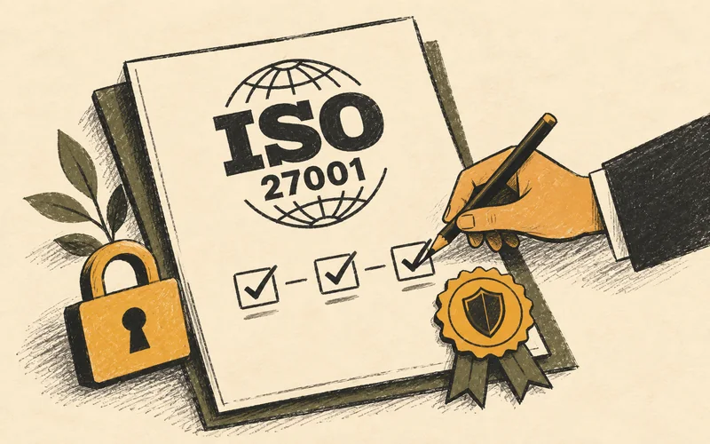 An ISO 27001 audit folio bears a globe, an ochre seal and three checked renewal tabs.