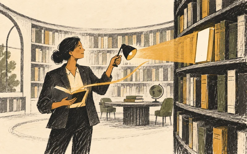 A reading lamp finds one source in a large library and connects it to a board member's notebook.