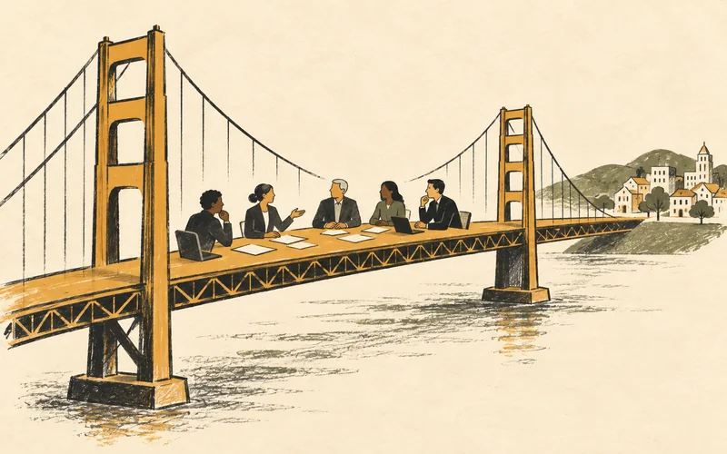 A drawn Golden Gate Bridge becomes a board table linking directors to the community they serve.