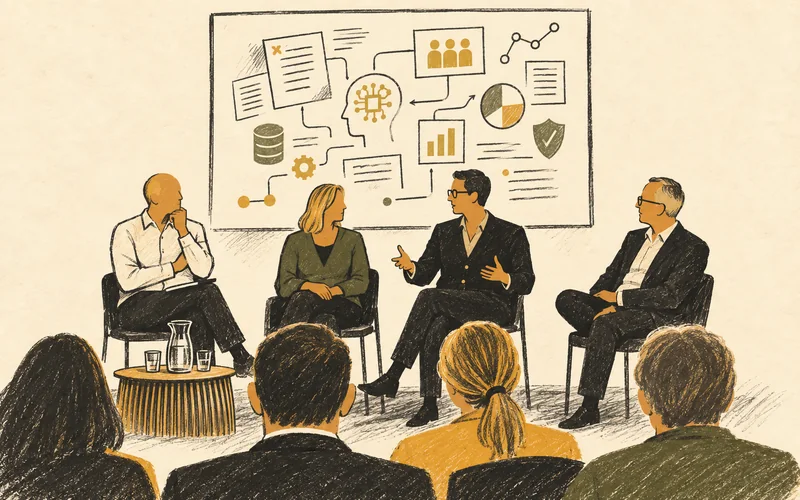 A four-person pensions panel discusses AI in front of a sheet of visual notes.