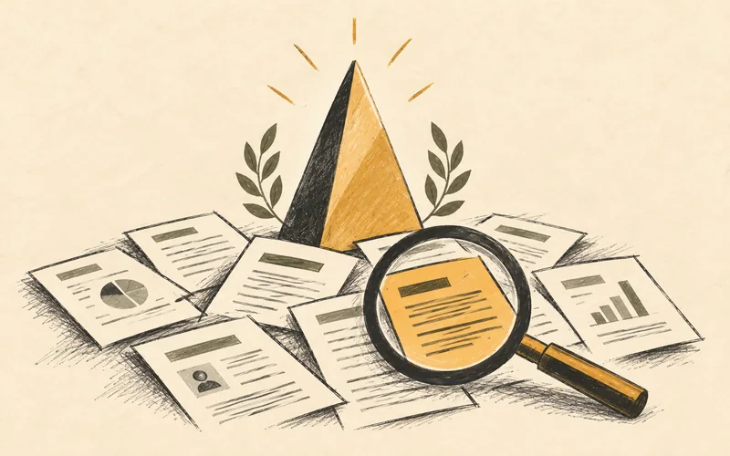 A peaked award rises beside a magnifying lens that finds one source within pension records.