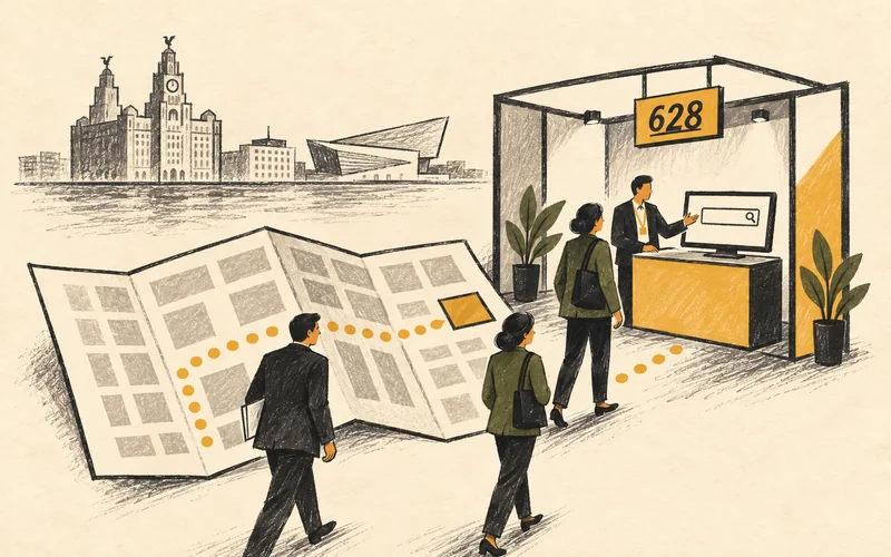 Delegates follow an exhibition plan to stand 628 for a pensions technology demonstration.