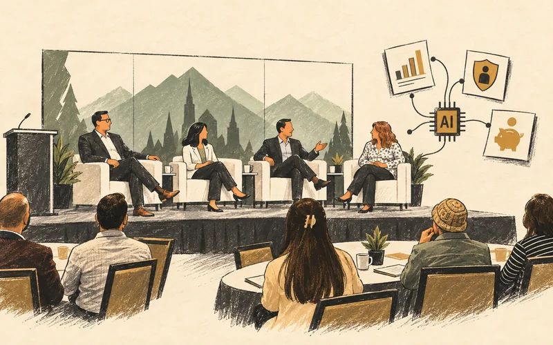 Four speakers discuss retirement governance on a conference stage with a mountain backdrop.