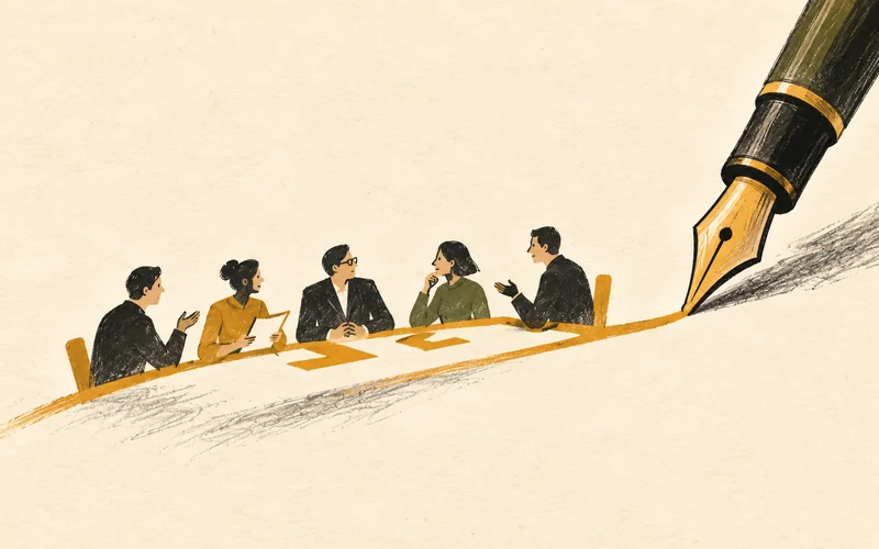 A pen preserves the impression of a board discussion on a sheet of paper.