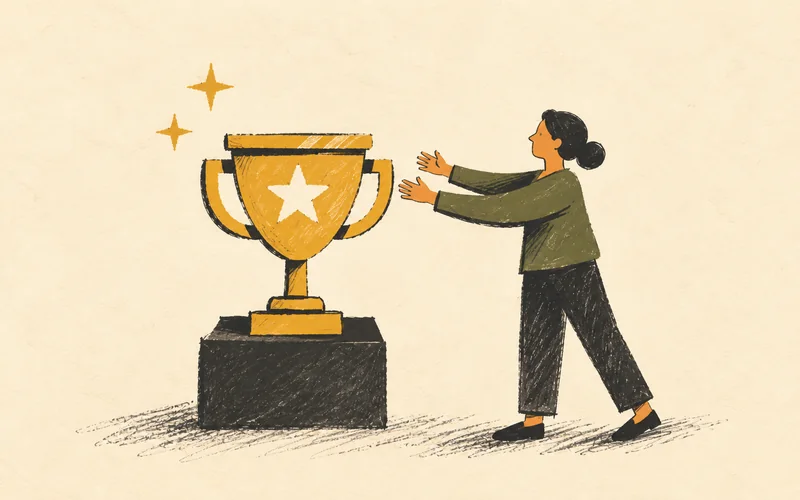 A person presents a star-marked trophy on a low plinth.