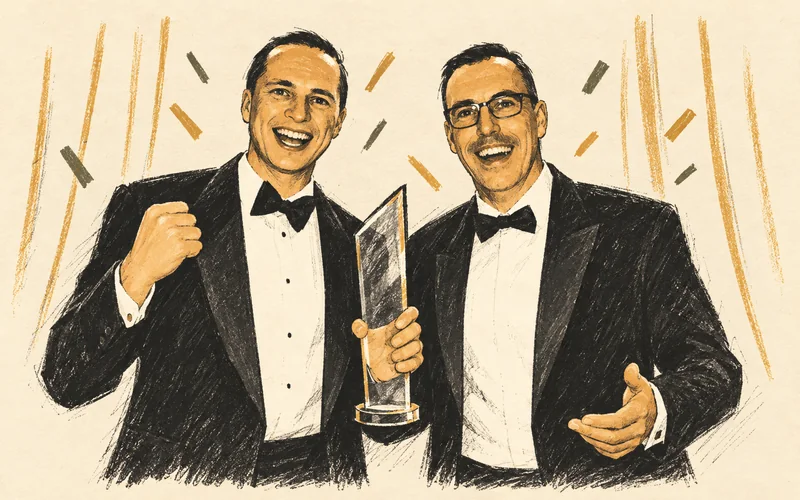 Two smiling award winners in tuxedos hold a narrow technology trophy between them.