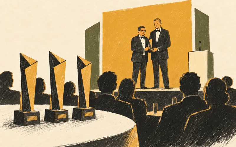 Two award recipients stand on a stage, with three trophy silhouettes marking three technology wins.